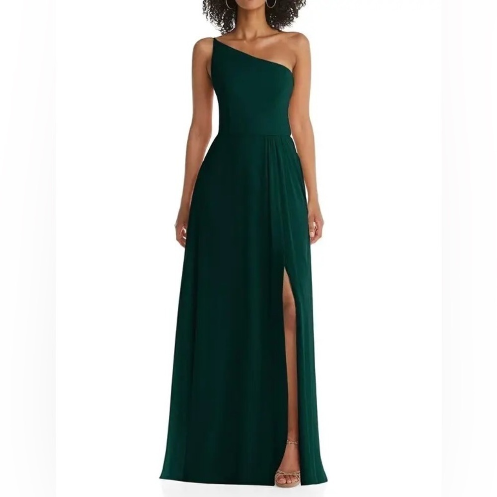 AFTER SIX One-Shoulder Chiffon Maxi Dress w/ Shirred Front Slit -Evergreen Sz 10